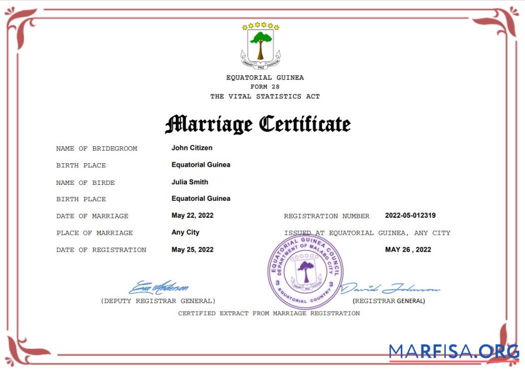 Printable Equatorial Guinea marriage certificate Word and PDF template